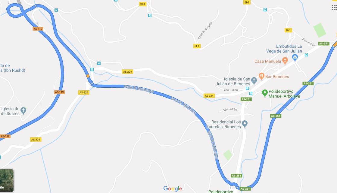 II Ruta Princesa. Nava ->El Entrego: Atención rotonda y curva en bucle.